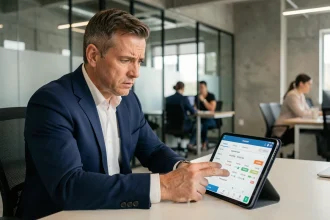 Agent immobilier consultant les tarifs de l'application lamaison360 sur une tablette dans une agence moderne