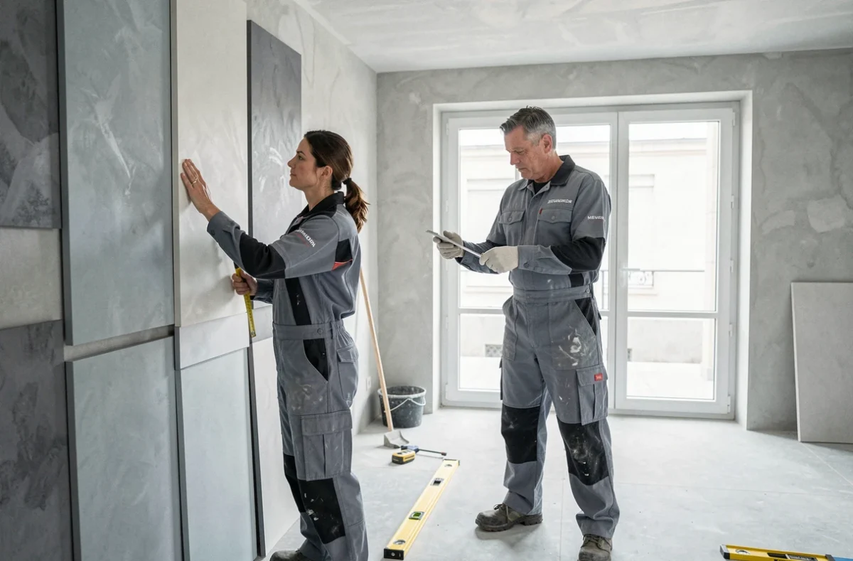 Équipe d'AJC Décors installant des panneaux décoratifs dans un intérieur contemporain avec outils de mesure au premier plan