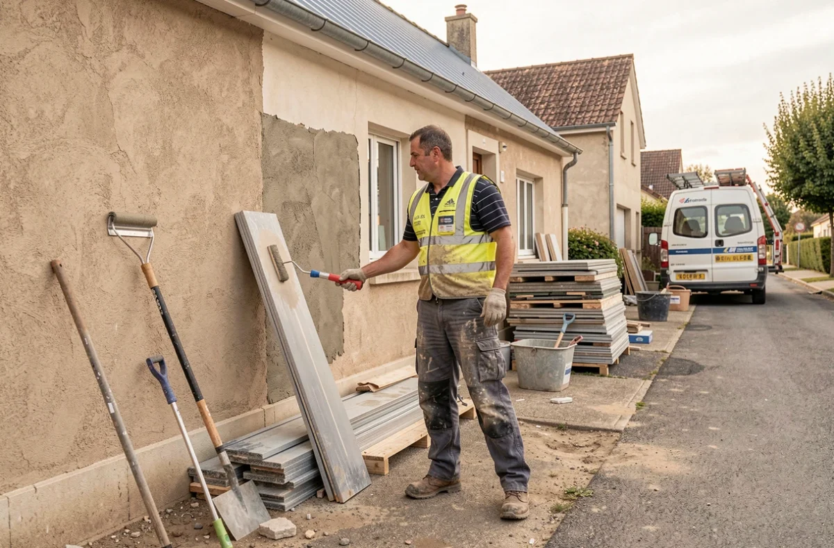 Artisan polyvalent d'Ambrosio T Multi Services gérant différents travaux de bâtiment sur un chantier en Gironde