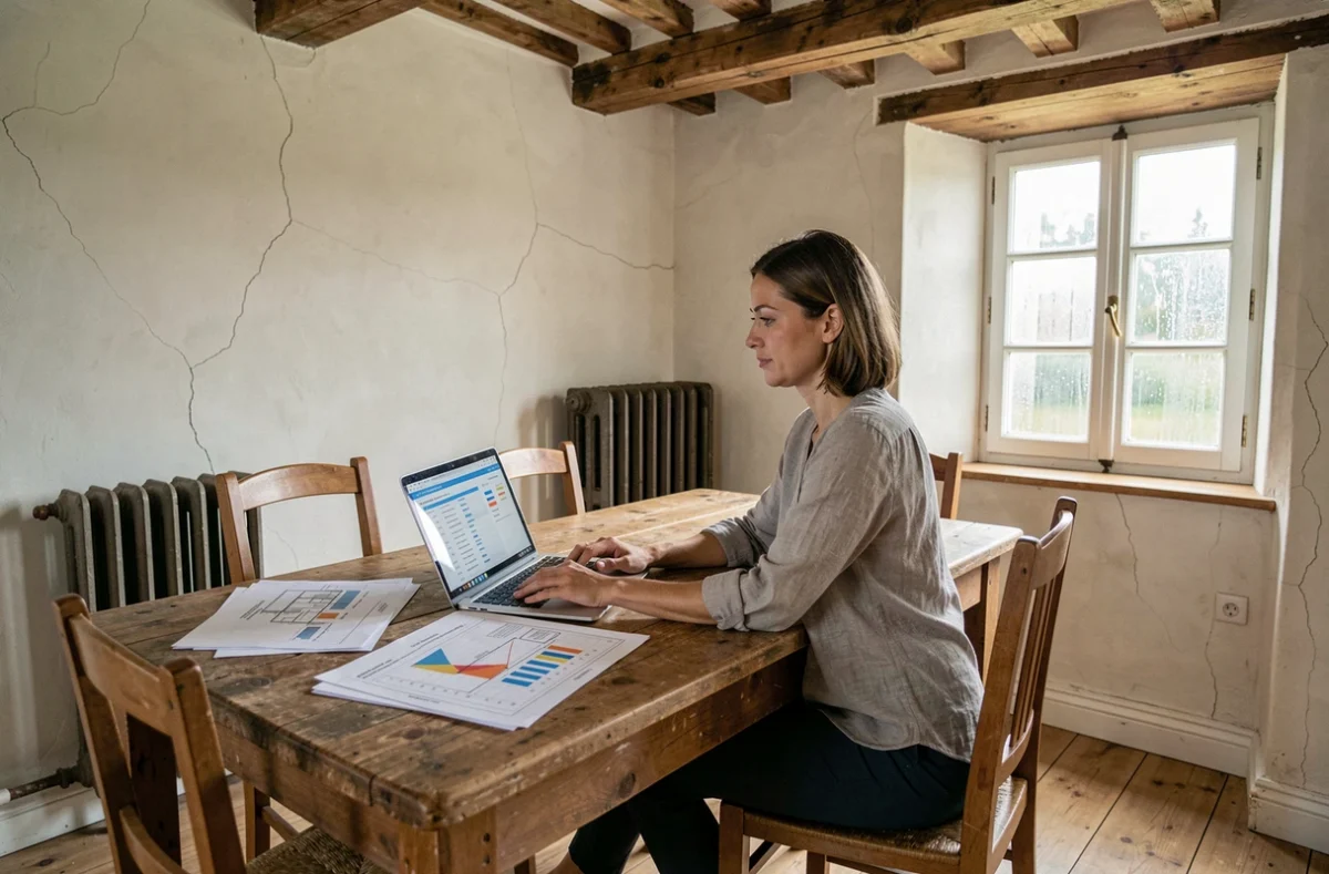 Femme analysant un rapport d'audit énergétique sur ordinateur portable dans une maison ancienne rénovée avec des matériaux d'origine