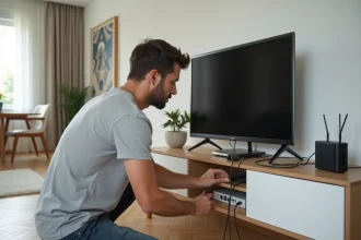 Homme connectant une antenne TV intérieure à un téléviseur dans un salon moderne avec une box internet posée à proximité