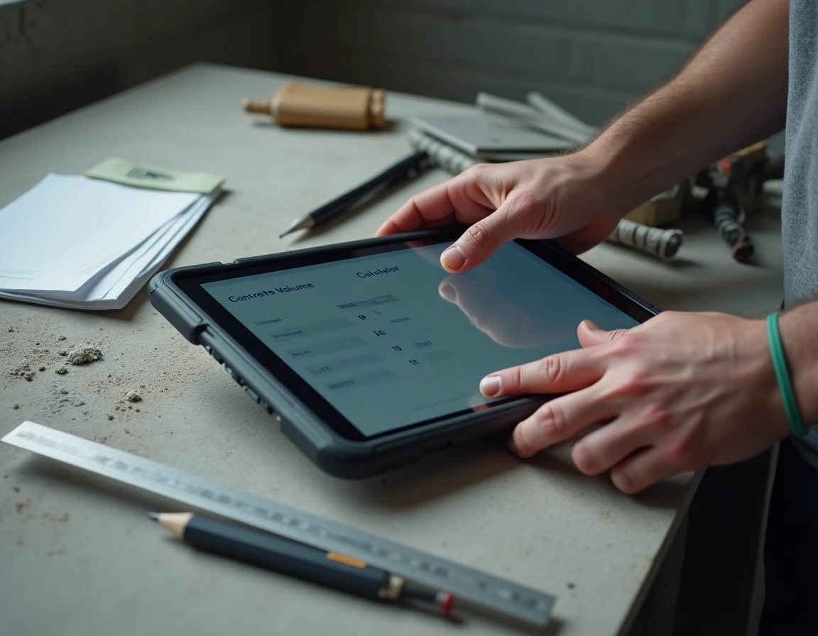 Mains d'ouvrier utilisant une application tablette pour calculer le volume de béton en m3