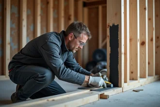 Ouvrier appliquant un ruban adhésif noir TRISO Noir sur les jonctions de panneaux isolants dans un chantier intérieur