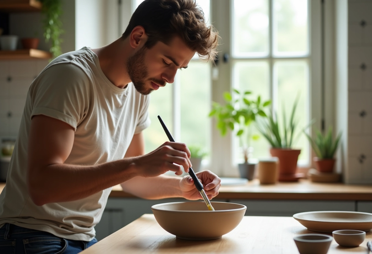 Jeune homme appliquant du vernis sur une pièce en argile