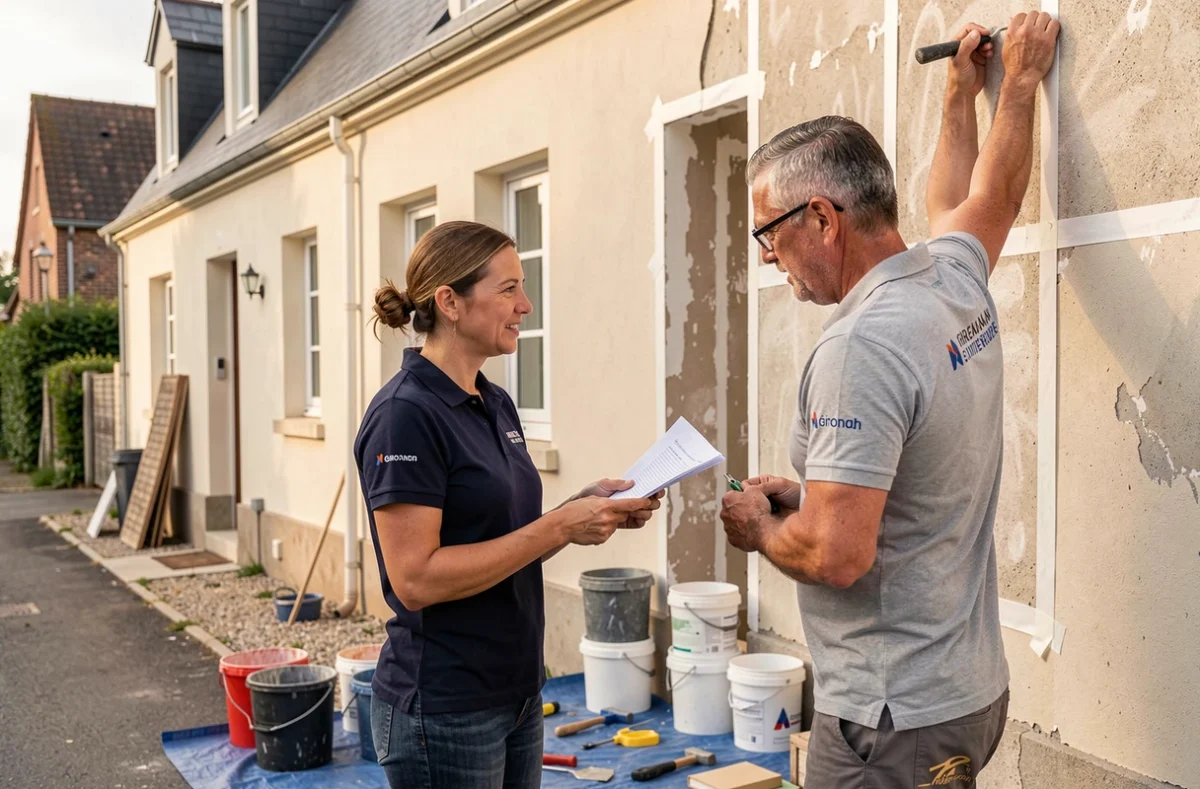 Équipe familiale Aquitaine Façades supervisant un chantier de ravalement de façade en Gironde