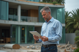 Architecte homme regardant un plan digital devant un bâtiment en construction