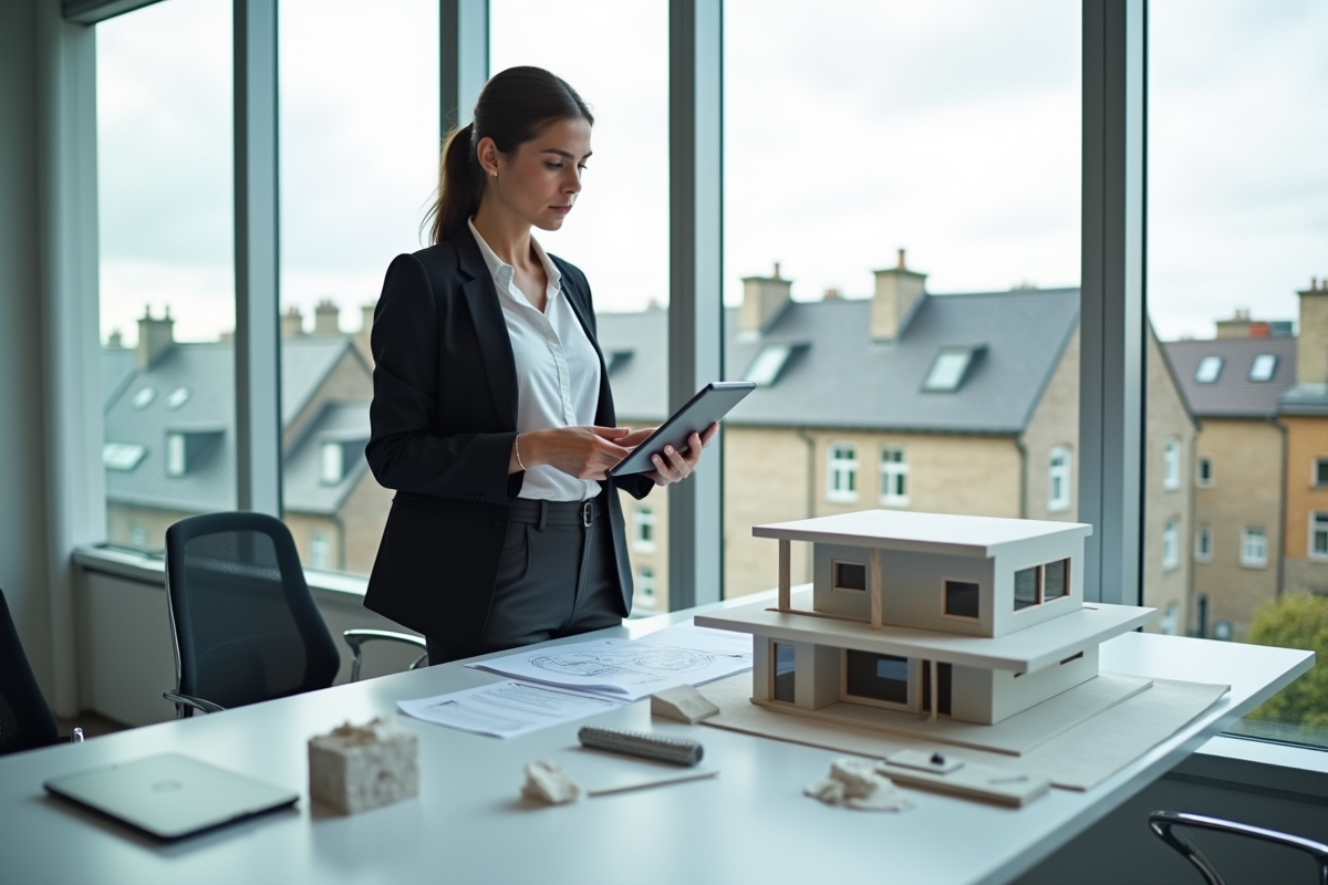 Jeune architecte avec modele 3D et echantillons de materiaux