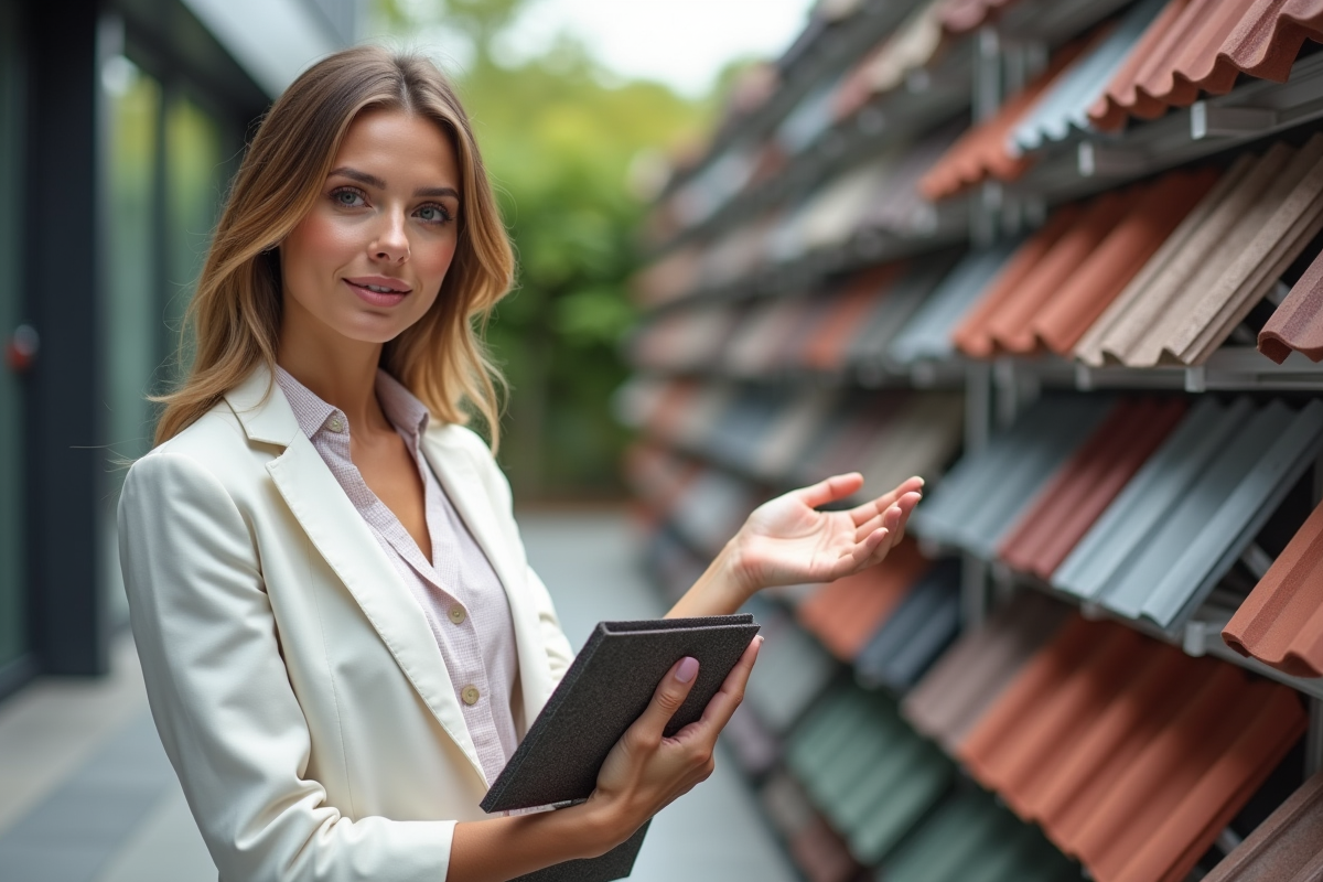 Jeune architecte montrant des échantillons de tuiles modernes