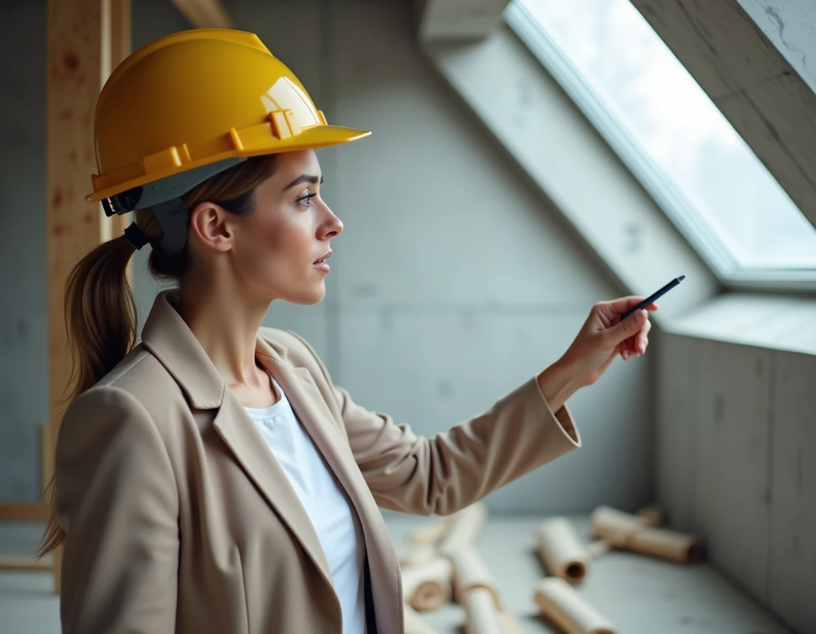 Architecte inspectant la pose de zinc soudé autour d'une fenêtre de toit dans un chantier de construction neuve
