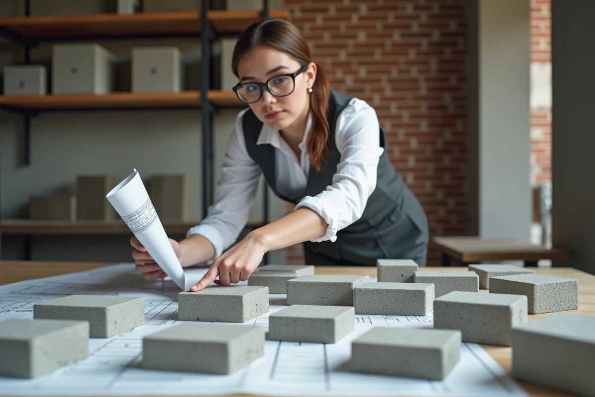 Jeune architecte vérifiant des parpaings avec un plan dans un bureau