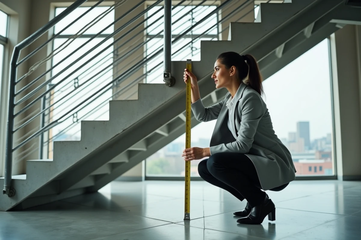 Architecte mesurant la hauteur d'un garde-corps d'escalier pour vérifier la conformité à la norme NF P01-012 avant réception