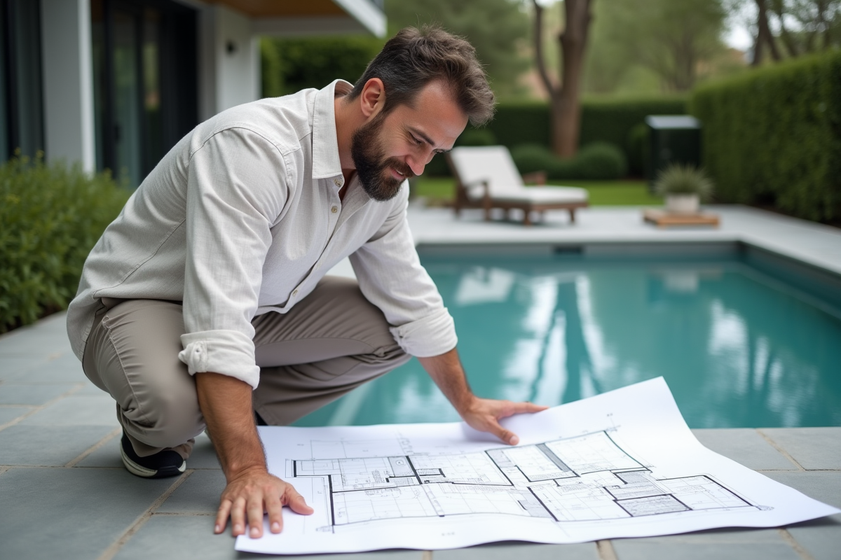 Architecte examinant un plan de maison avec piscine