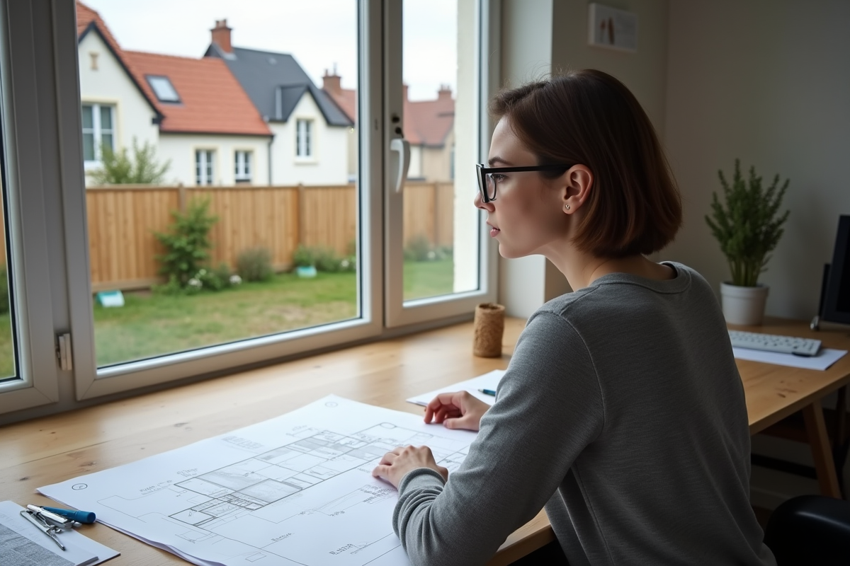Jeune architecte étudiant plans dans son bureau lumineux