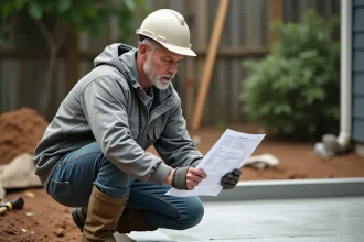 Artisan examinant un devis de terrasse en béton sur un chantier en cours dans un jardin suburban