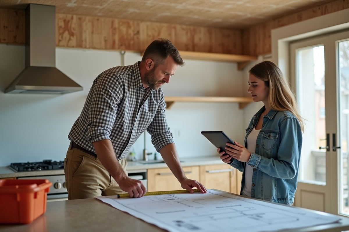 Un artisan mesure une cuisine en rénovation avec une femme