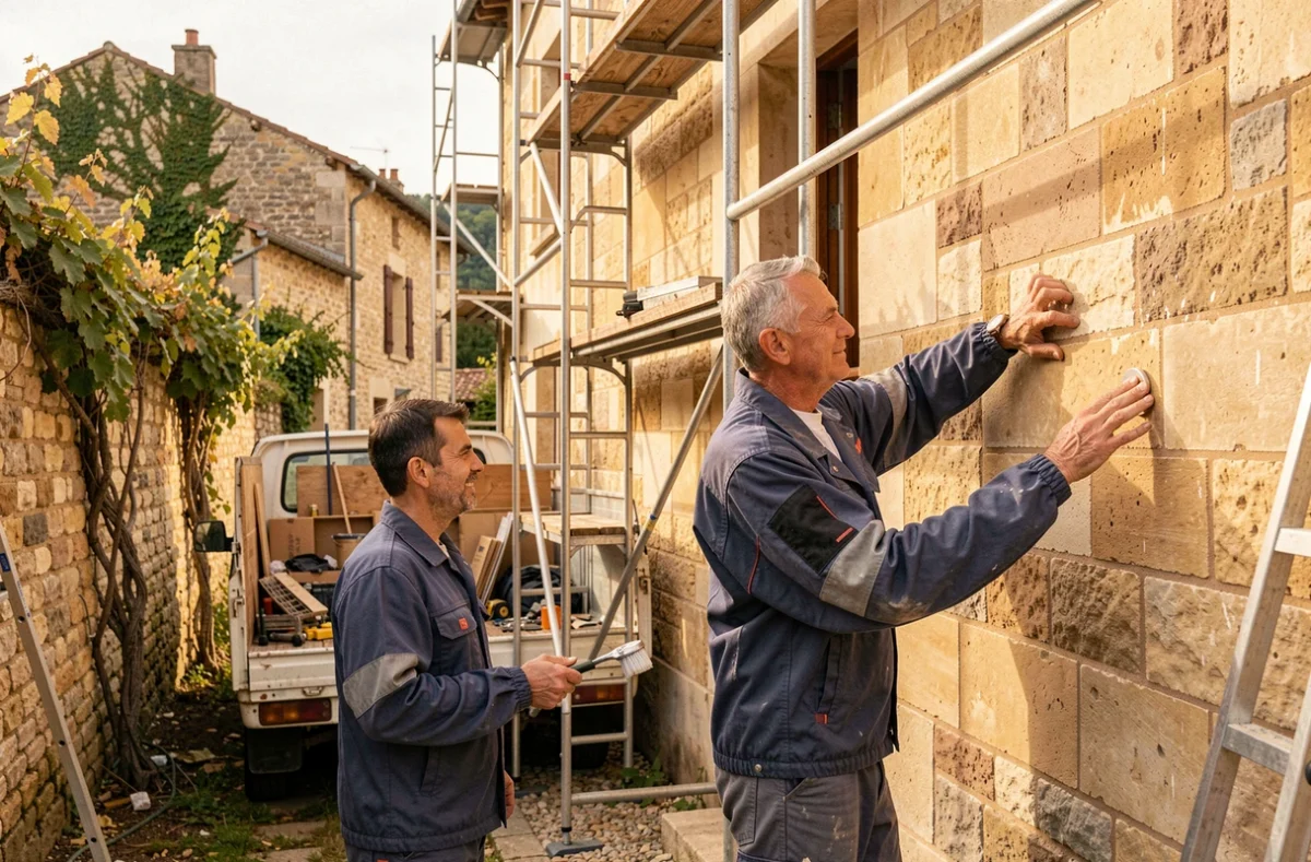 Duo père-fils de l'entreprise familiale Artisan Ortica travaillant sur une façade en pierre à Virsac