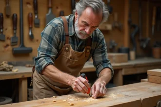 Artisan appliquant de la colle à bois dans une mortaise en chêne sur un établi d'atelier traditionnel