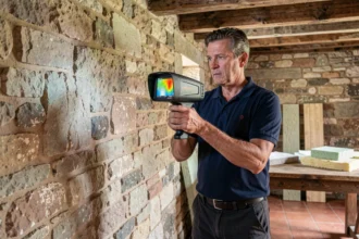 Auditeur énergétique masculin utilisant une caméra thermique sur le mur en pierre d'une ancienne maison française pour réaliser un audit énergétique