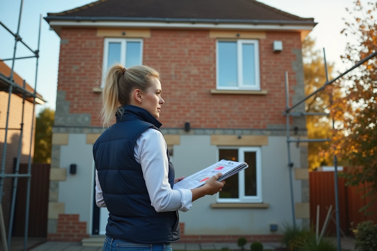 Auditrice énergétique inspectant l'isolation extérieure d'une maison en cours de rénovation globale