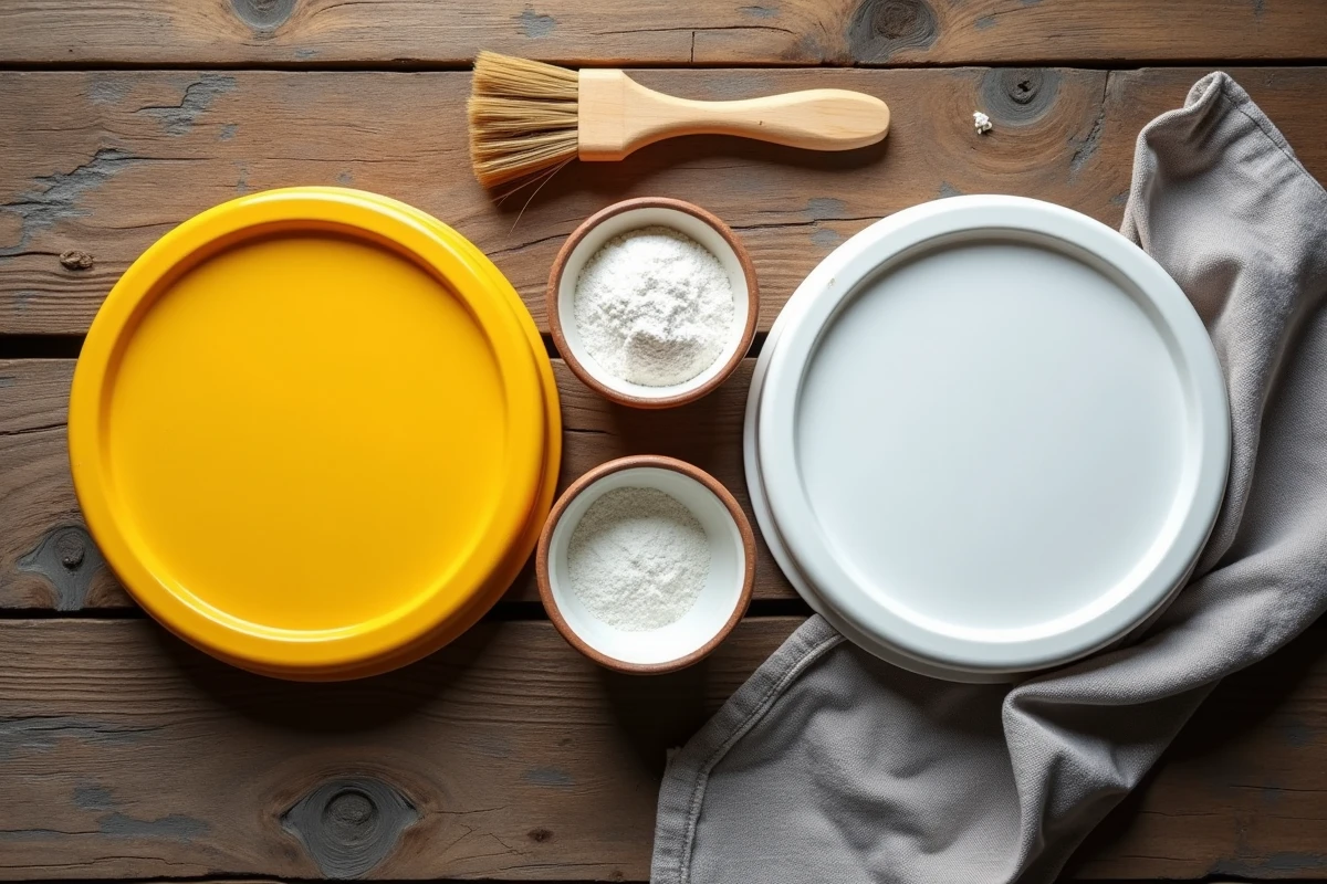 Comparaison avant après blanchiment de plastique jauni au percarbonate de sodium sur un établi
