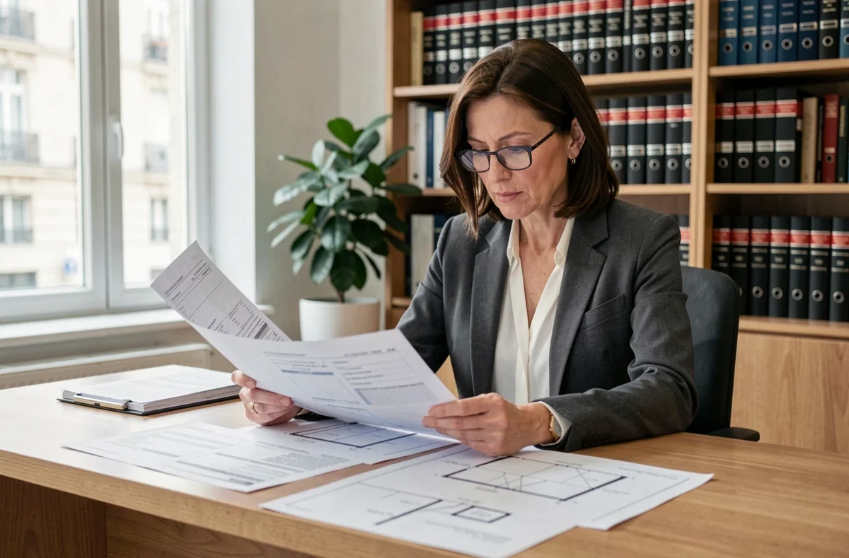 Avocate spécialisée en droit de la construction examinant un contrat et des plans de drainage pour un recours contre un constructeur