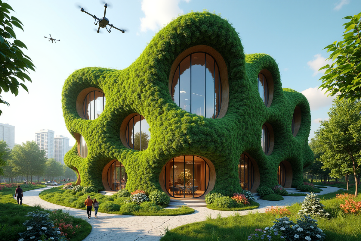 Bâtiment écologique en 2050 avec murs végétaux et jardins colorés