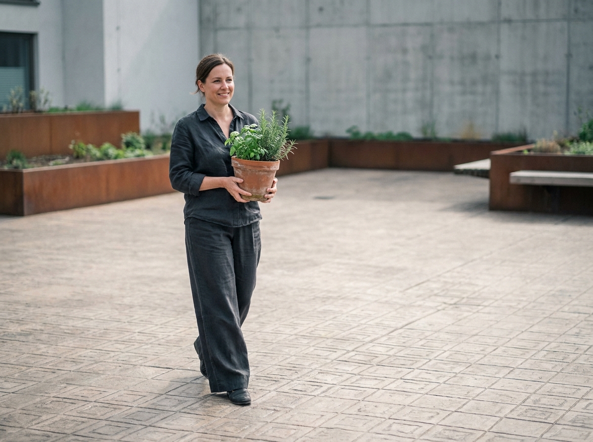 Cour en béton décoratif estampé dans un jardin urbain contemporain avec plantation en bac acier