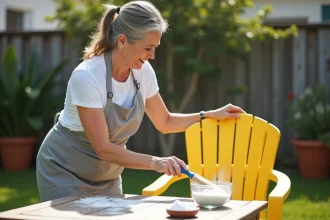 Femme blanchissant une chaise en plastique jauni avec du percarbonate de sodium dans un jardin