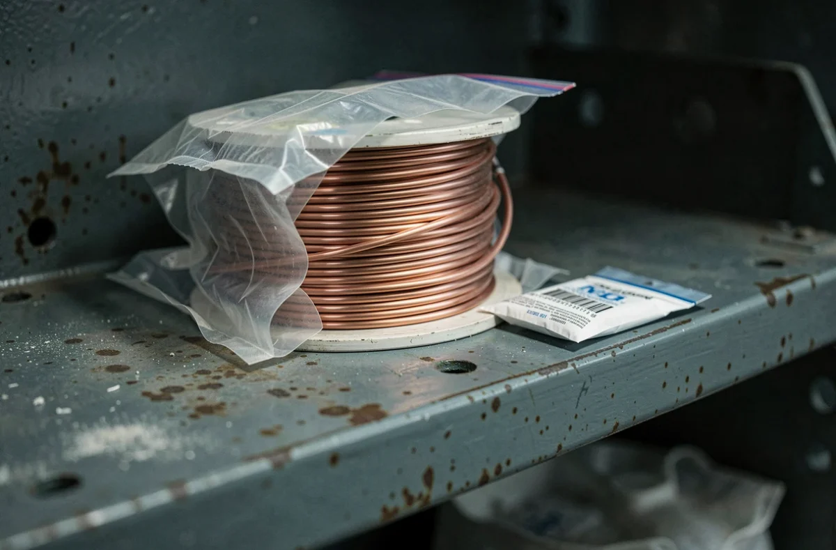 Bobine de fil fourré stockée avec sachets de silice anti-humidité pour prévenir l'oxydation en atelier de soudure