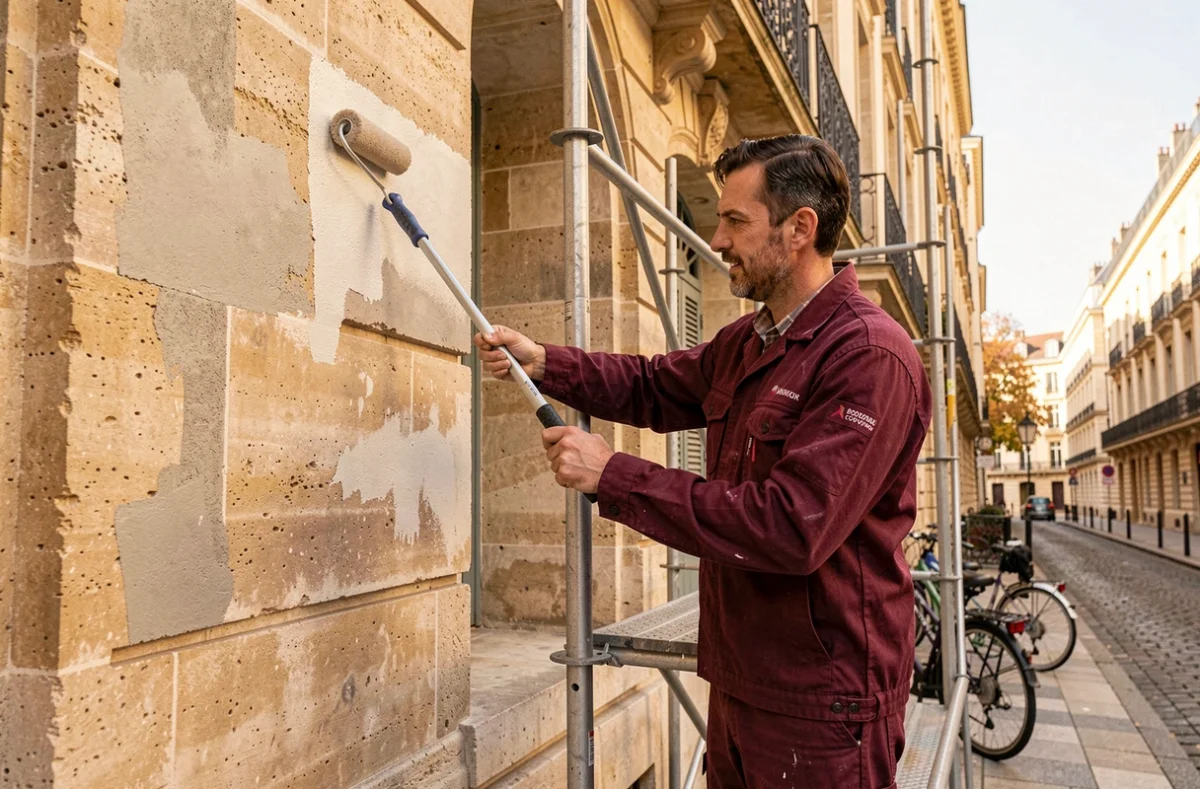 Technicien Burdigala appliquant un enduit de ravalement sur une façade en calcaire doré à Bordeaux