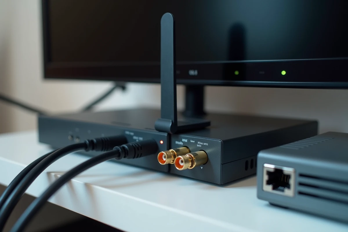 Câblage organisé derrière un téléviseur avec antenne TV intérieure, splitter coaxial et box internet sur un meuble de salon