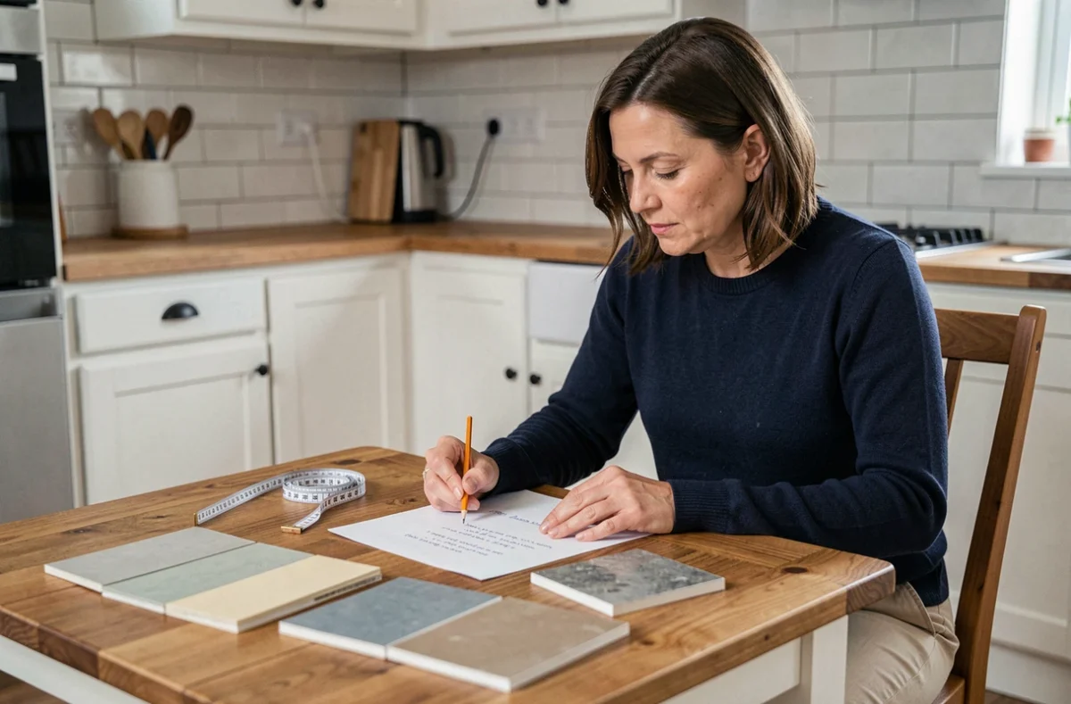 Femme calculant le coût de pose du carrelage pièce par pièce avec des échantillons de carreaux et une feuille d'estimation sur une table en bois