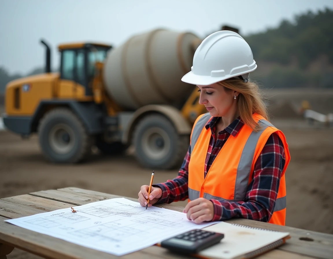 Femme cheffe de chantier calculant le volume de béton en m3 sur des plans techniques