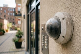 Caméra de vidéosurveillance en dôme installée sur la façade d'un immeuble en copropriété