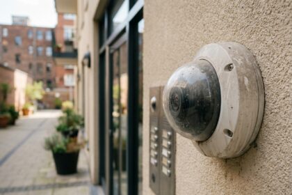 Caméra de vidéosurveillance en dôme installée sur la façade d'un immeuble en copropriété