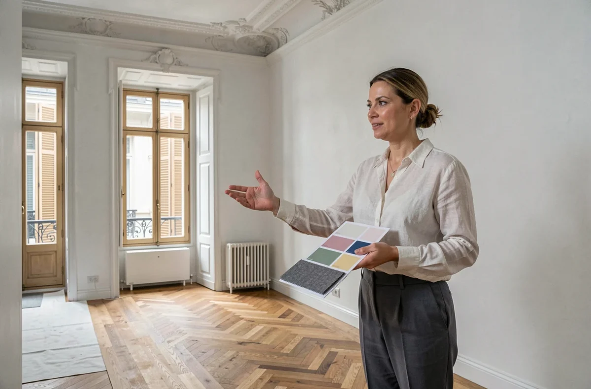 Designer intérieure présentant des échantillons de matériaux dans un appartement rénové de style haussmannien à Lille