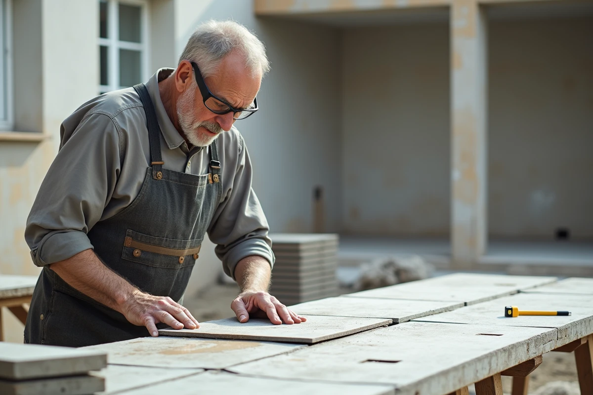 Carreleur expérimenté découpant un carreau en céramique à la scie sur un chantier extérieur