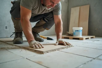Carreleur professionnel posant des carreaux en grès cérame dans une salle de bain en rénovation