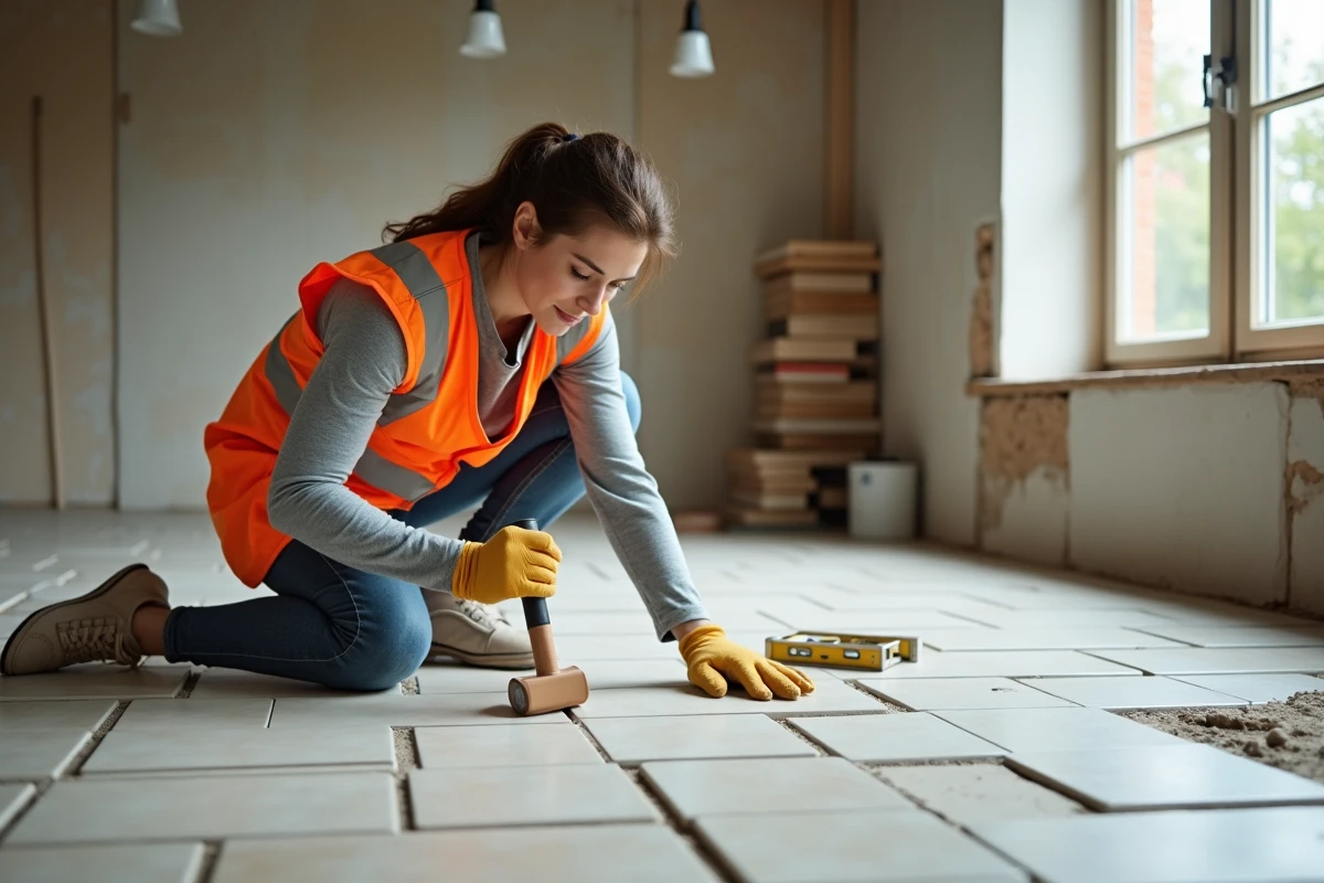 Carreleuse professionnelle alignant des carreaux de sol dans une cuisine en cours de rénovation