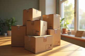 Empilement de cartons solides sur une table en bois avec lumière naturelle