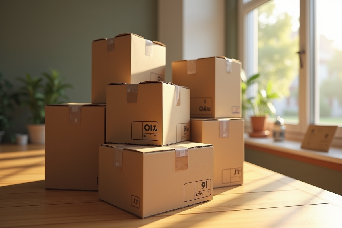 Empilement de cartons solides sur une table en bois avec lumière naturelle