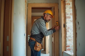 Charpentier ajustant une porte dans un couloir en rénovation