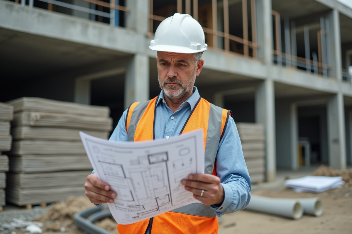 Chef de chantier en veston regarde plans de construction