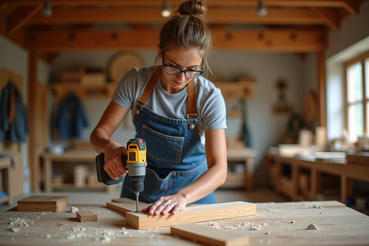 Menuisière perçant un assemblage tenon-mortaise pour l'insertion d'une cheville en bois dans un atelier professionnel