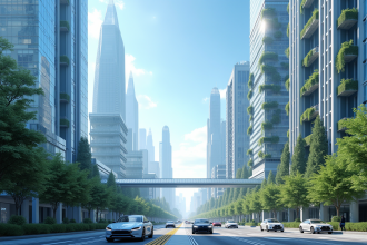 Ville futuriste en 2050 avec gratte-ciel verts et véhicules électriques