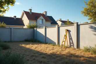 Mur de clôture en béton neuf dans une cour française ensoleillée