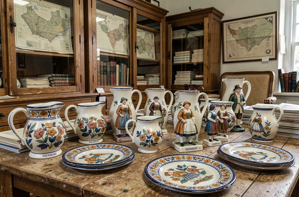 Collection de faïences Henriot Quimper vintage exposées chez un antiquaire breton