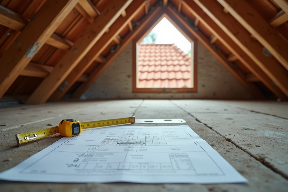 Intérieur de combles avec charpente en bois et métrés de toiture illustrant le calcul de la surface au sol vs surface habitable