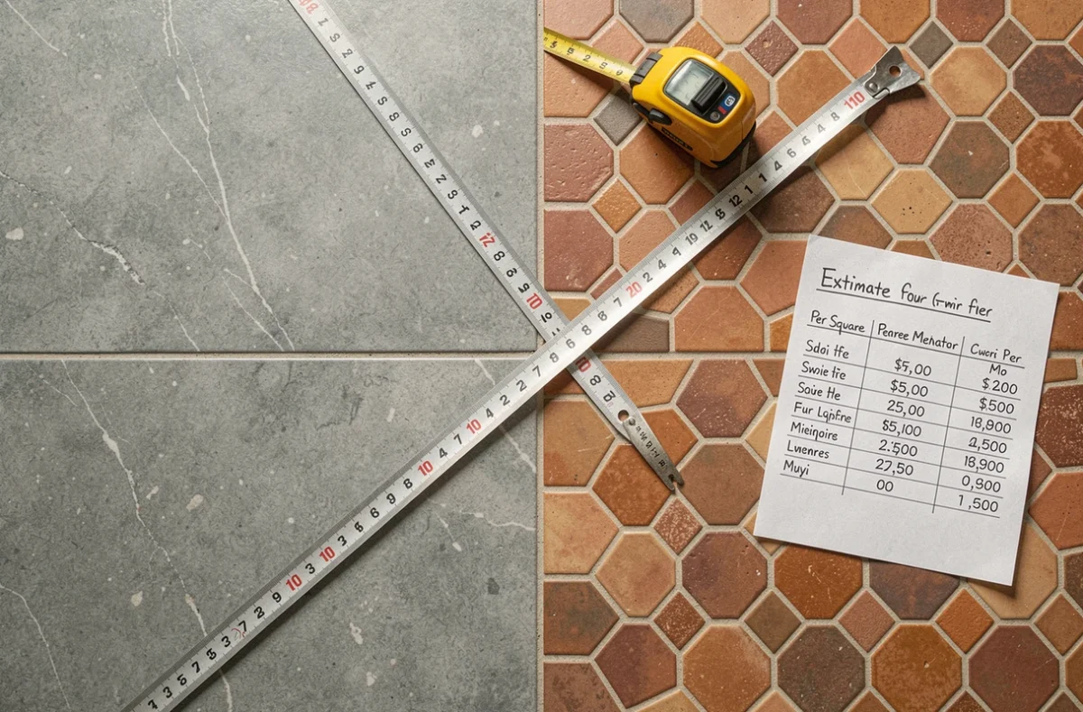 Vue aérienne de deux types de carrelage posés dans deux pièces différentes avec un mètre ruban et une feuille d'estimation du prix au m²