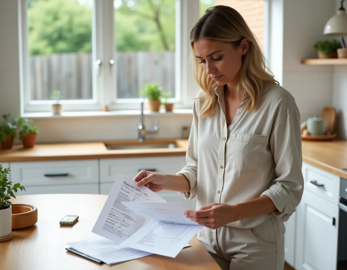 Femme comparant des devis de terrasse en béton à la maison avec vue sur le jardin
